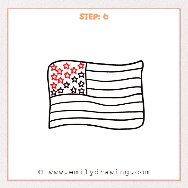 how to draw an american flag - Step 6: The canton is filled with more stars, and the American flag drawing looks complete with clean stripes.